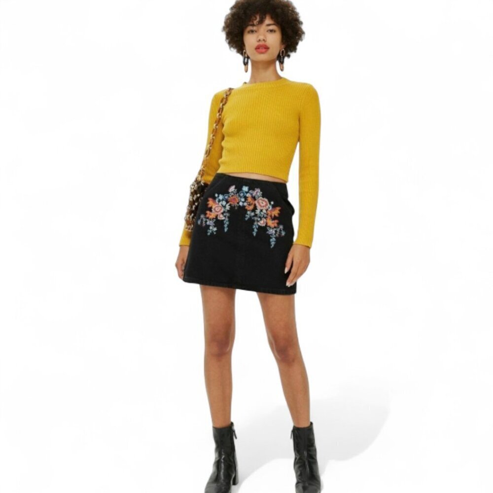 Topshop Moto Black Denim Skirt with Floral Embroidery and Zipper Back, 8